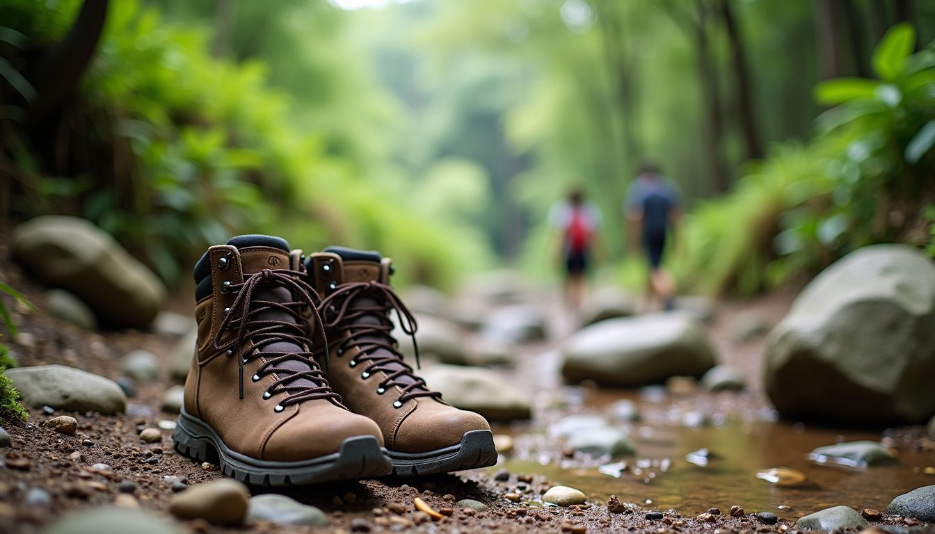 Muddy hiking boots in scenic Barcelona forest trail.