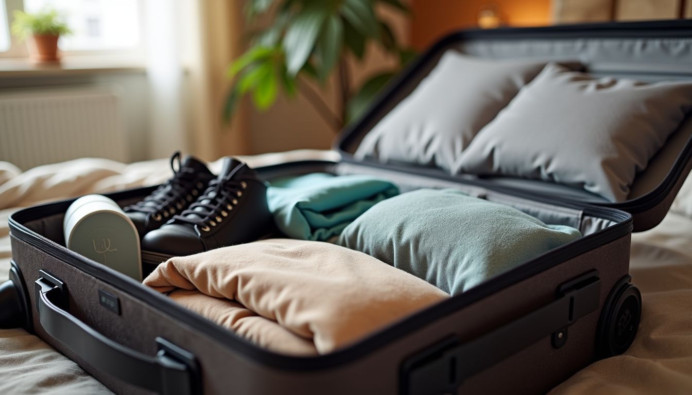 An open suitcase with neatly folded clothes and shoes in a bedroom.