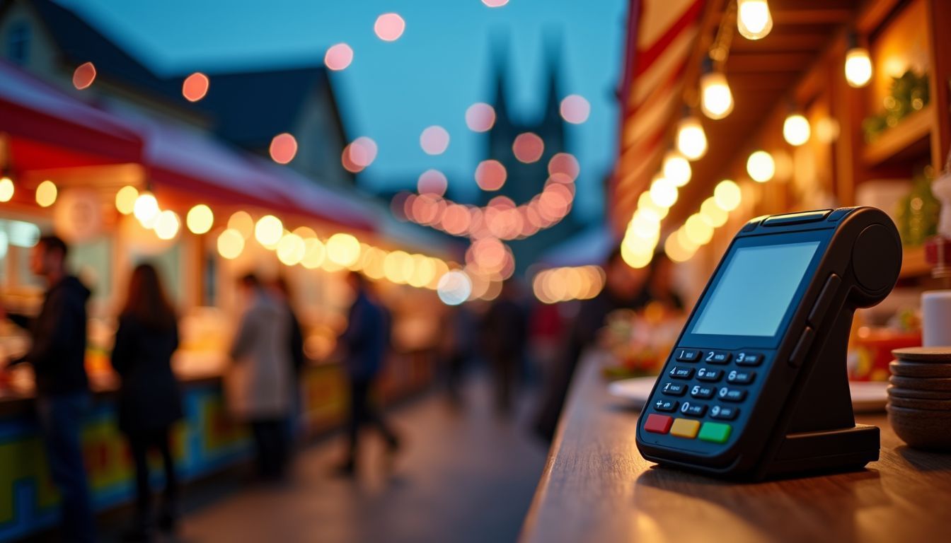 A modern card reader machine at a lively food market.