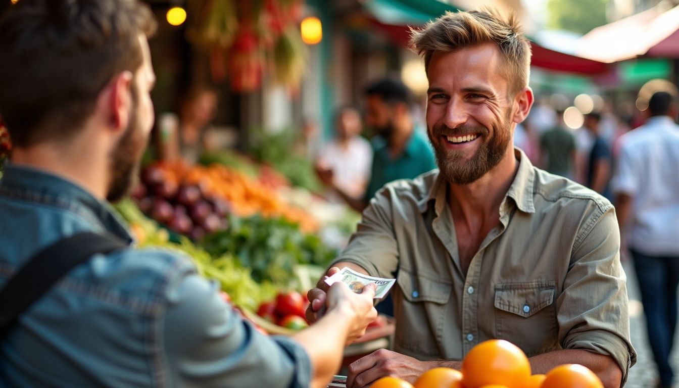 A customer pays cash to a friendly market vendor at a bustling food market.