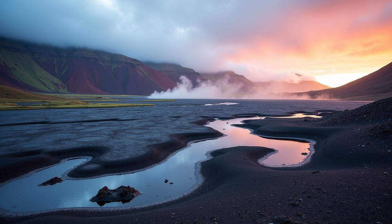 A photo of a serene Icelandic Highlands landscape with geothermal hot springs.