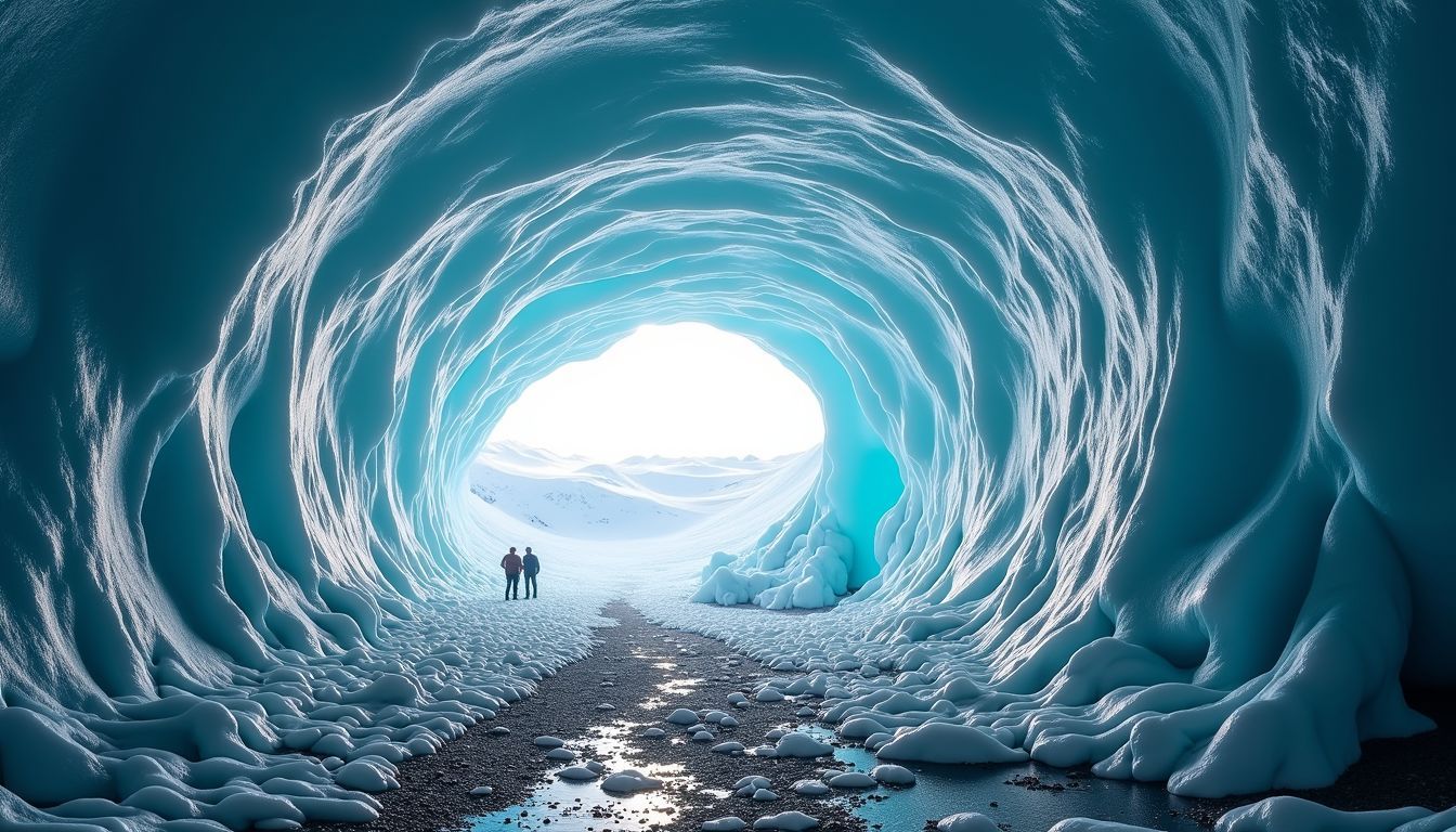 A panoramic view of a large ice cave in Vatnajökull National Park.