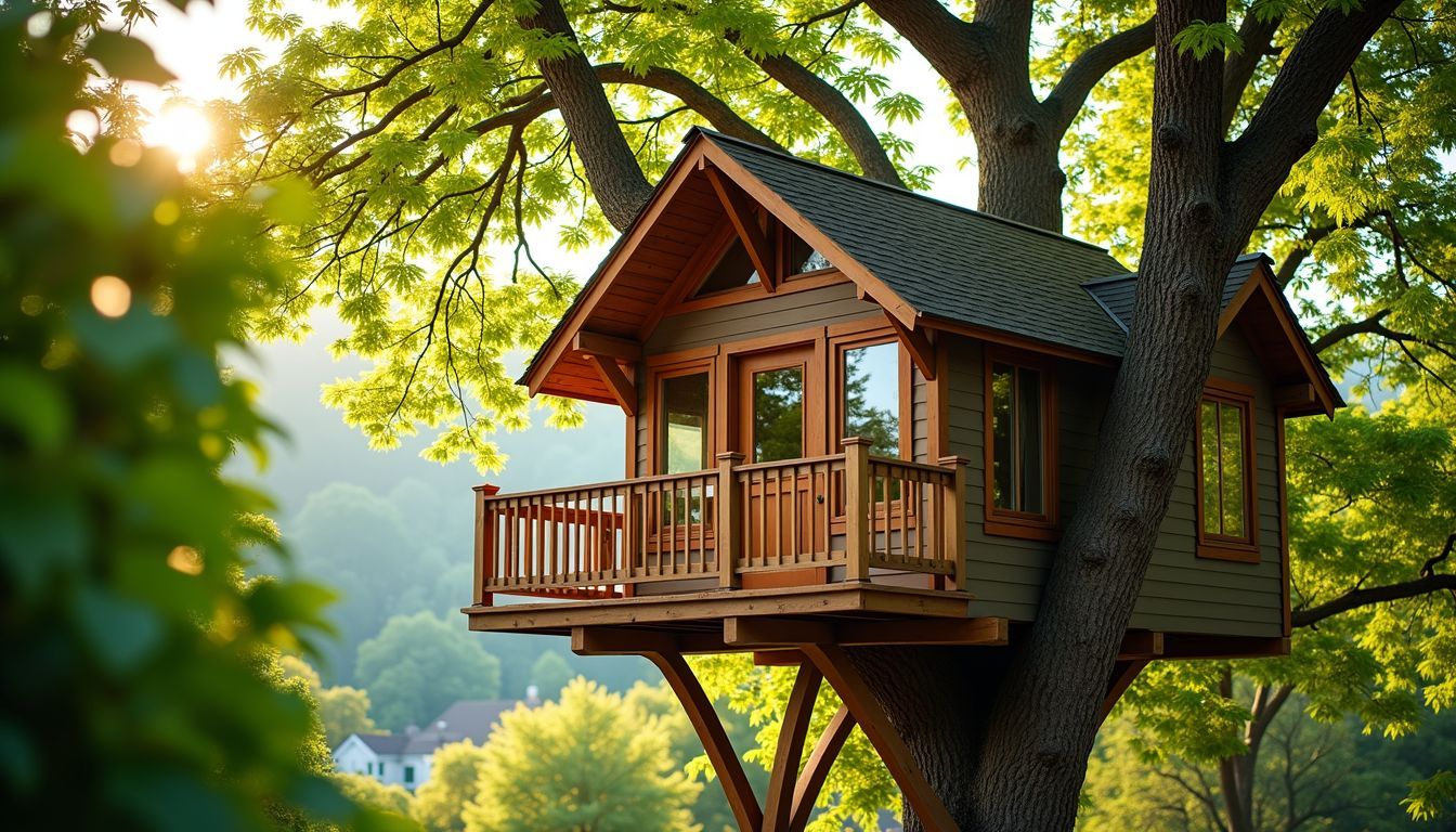 A cozy treehouse nestled among lush green trees on a sunny day.