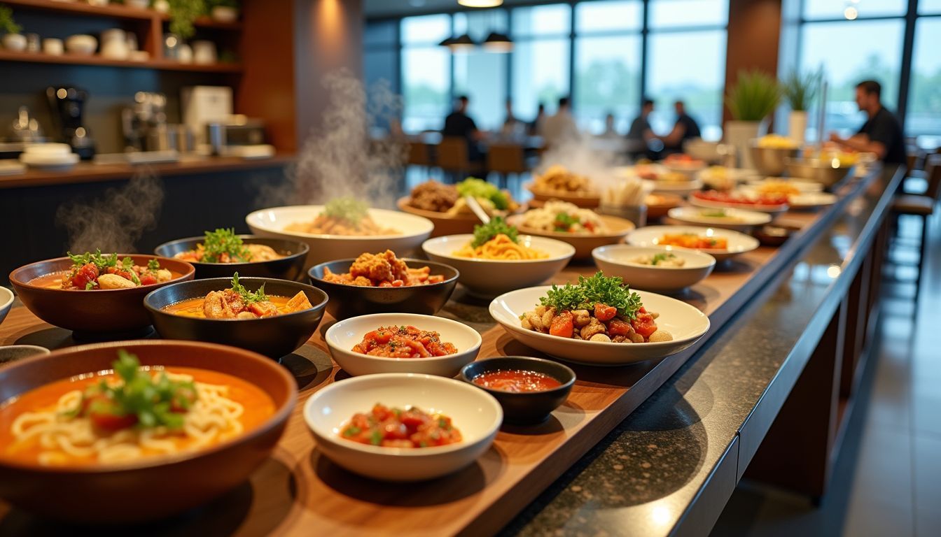 A variety of global dishes in a welcoming airport lounge.