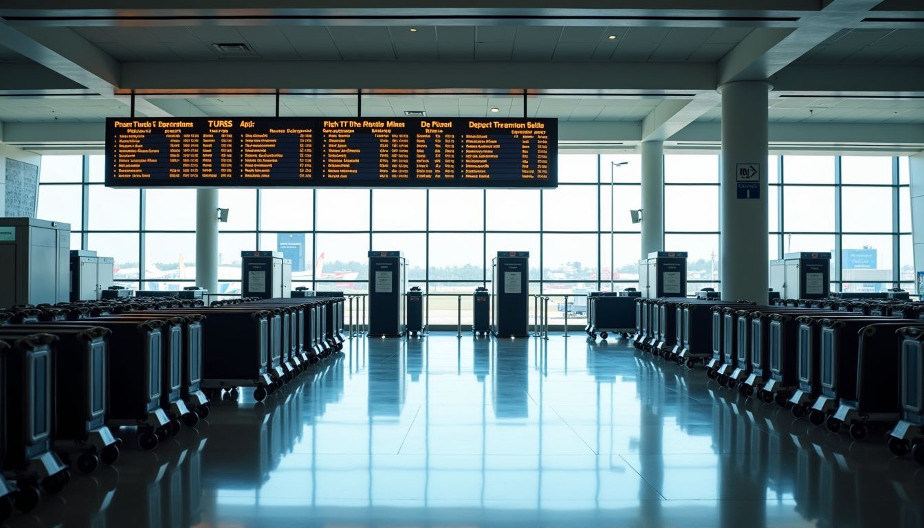 An empty airport terminal with baggage carts, departure boards, and signages.