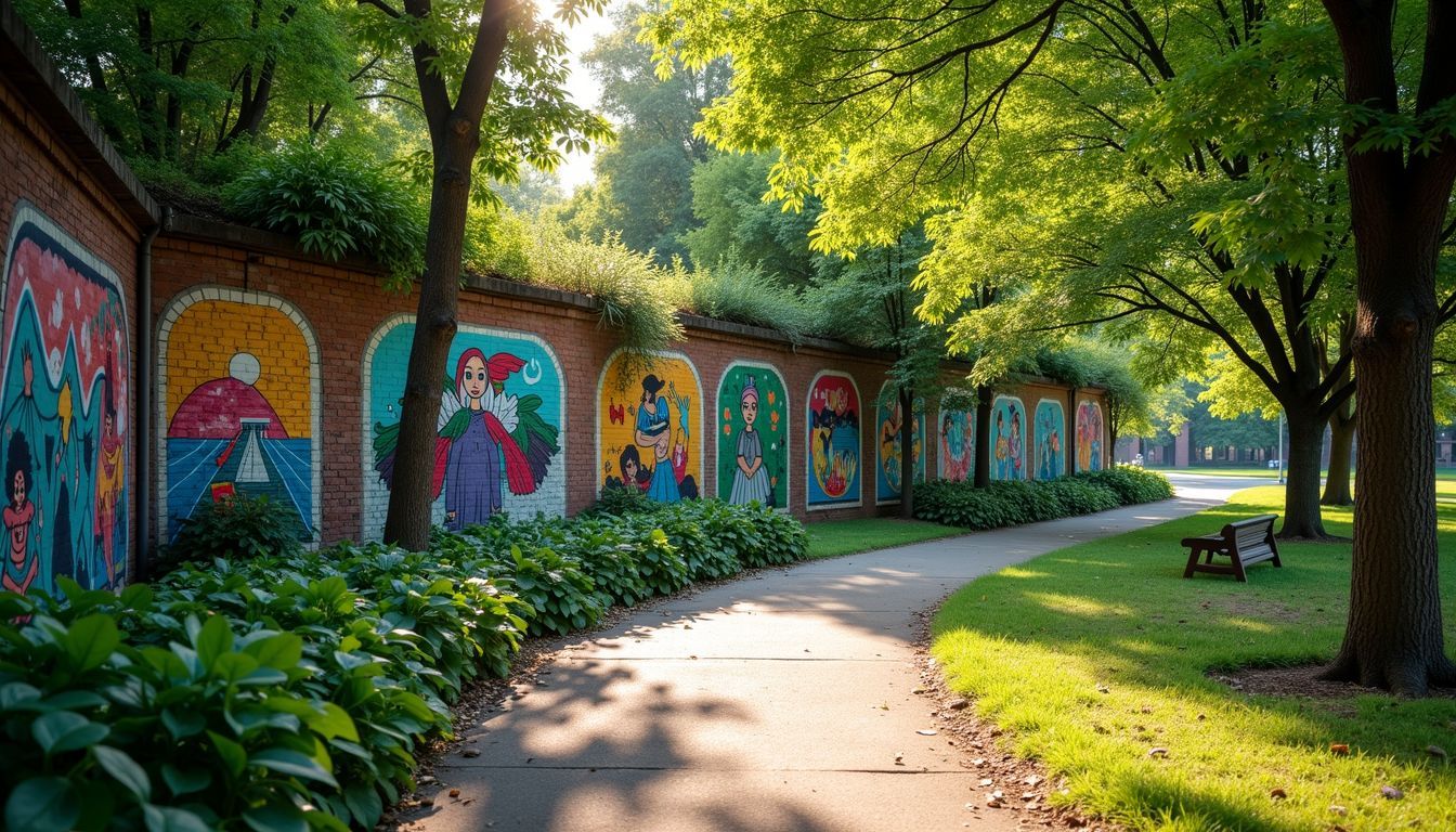 A tranquil park scene with a vibrant mural on a brick wall.