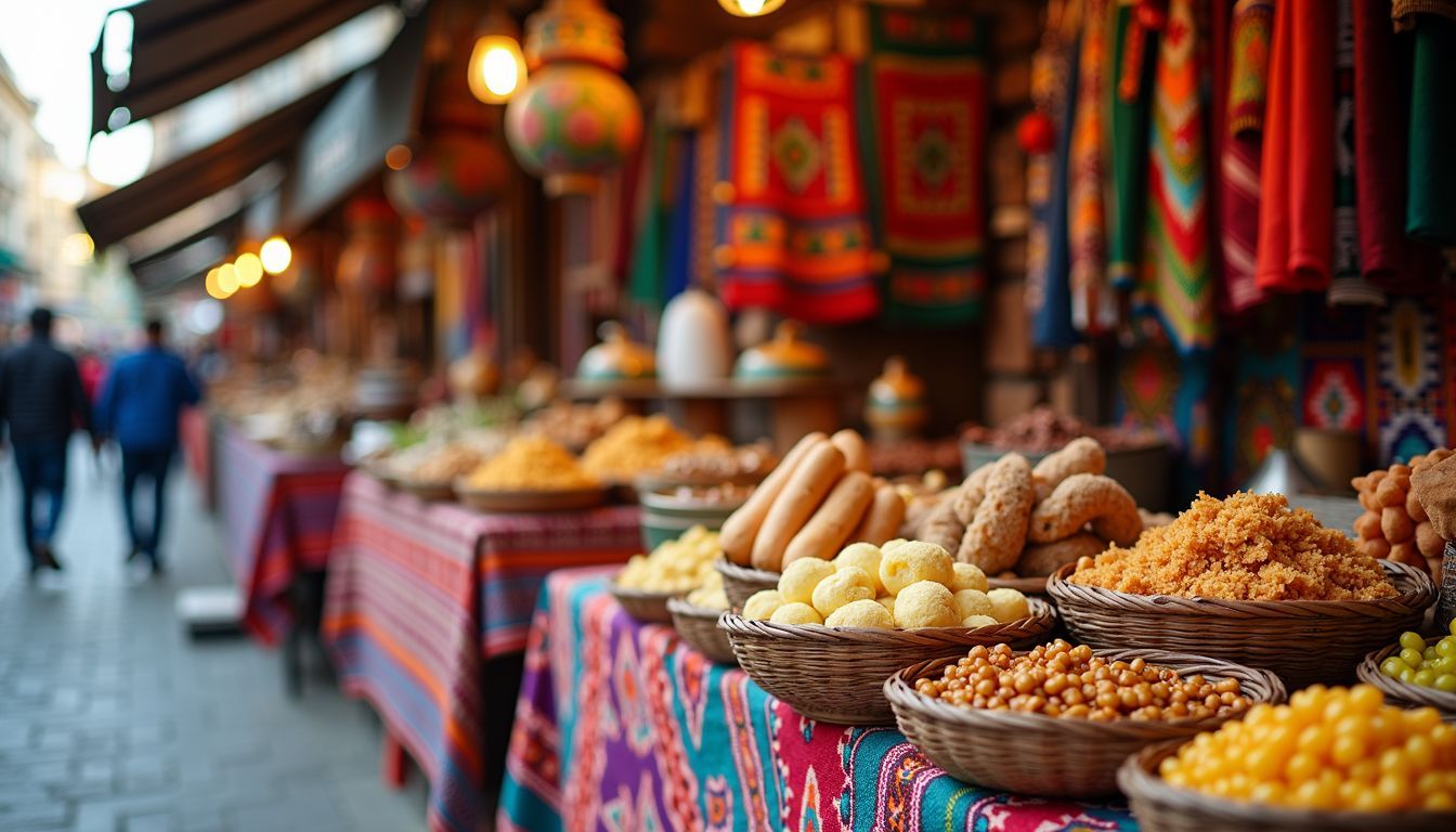 A bustling artisanal market in Coyoacán filled with colourful handmade goods and vibrant street food.