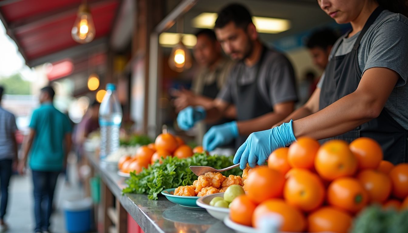 A street food vendor prepares fresh food in a busy market.