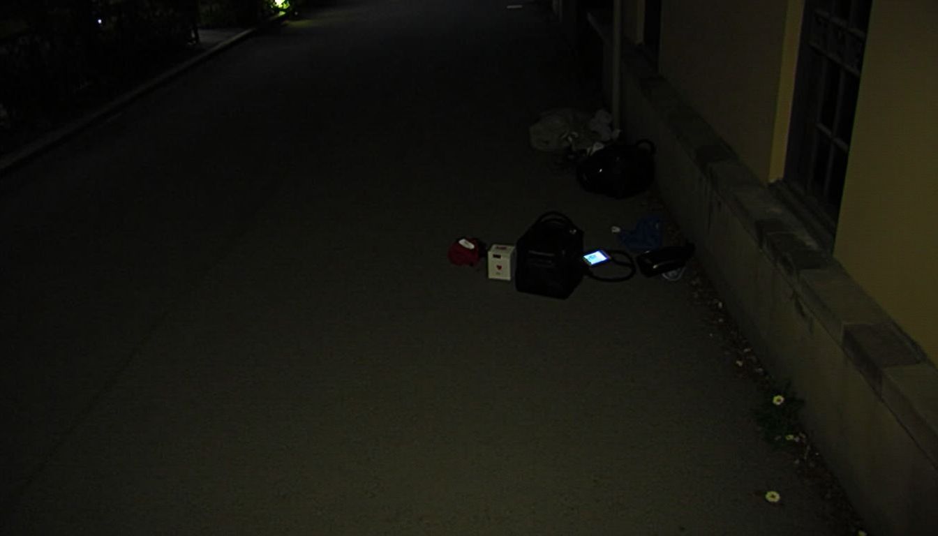 An empty alleyway at night with scattered belongings.