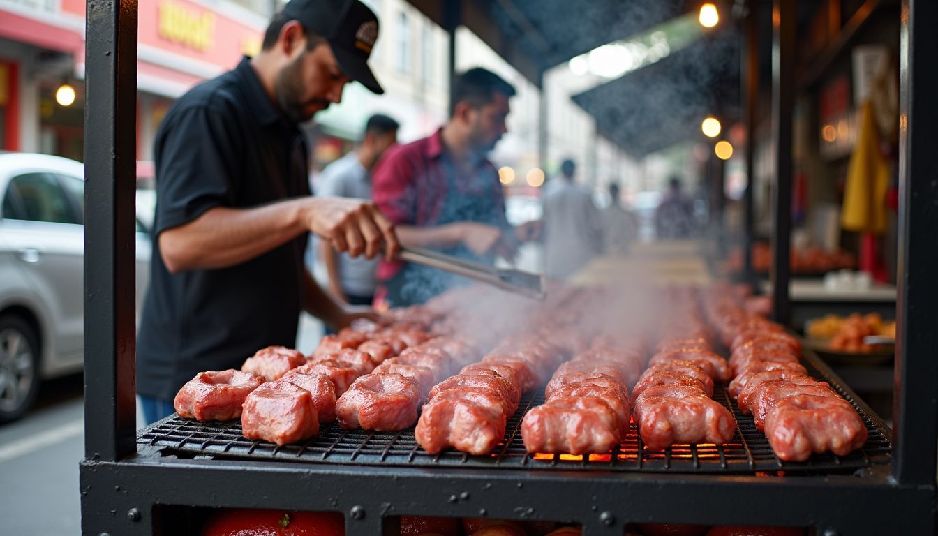 A busy street market with vendors grilling various meats.