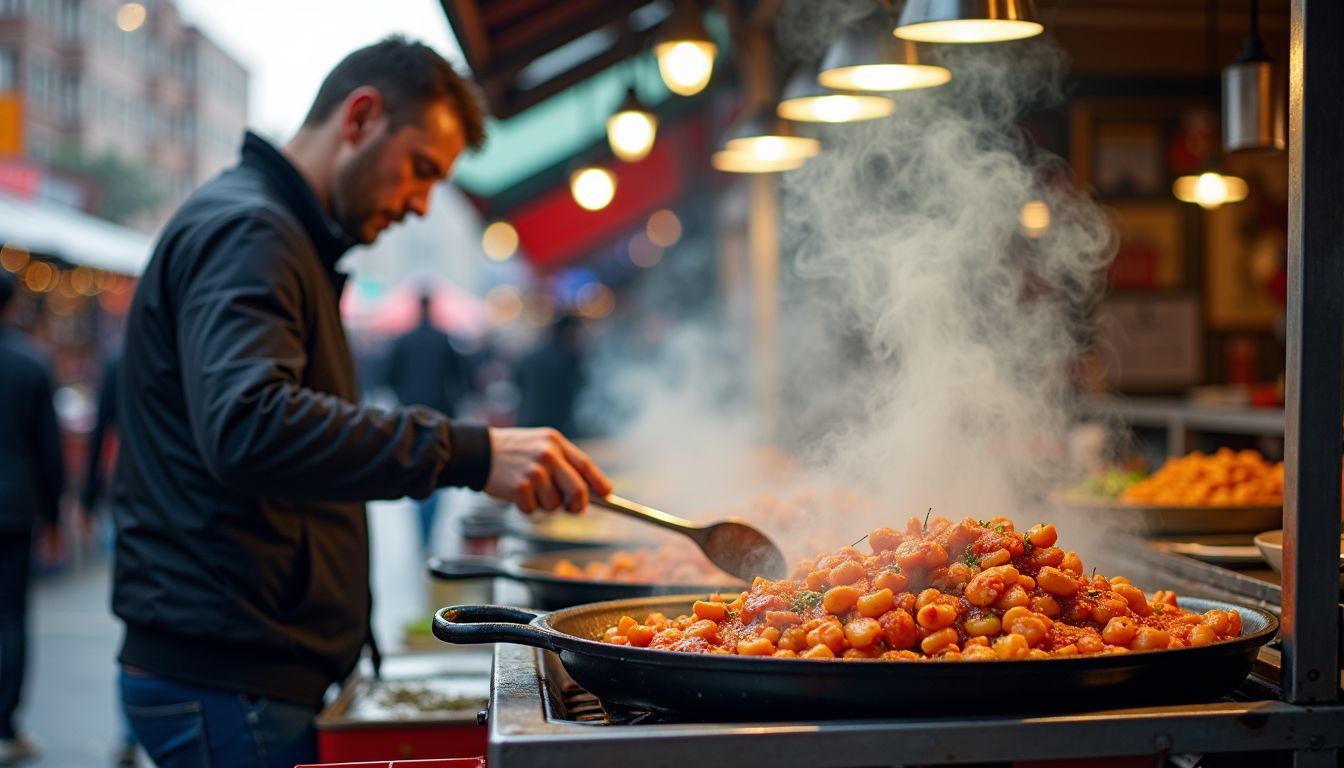 A street food stall in a busy market with sizzling dishes.