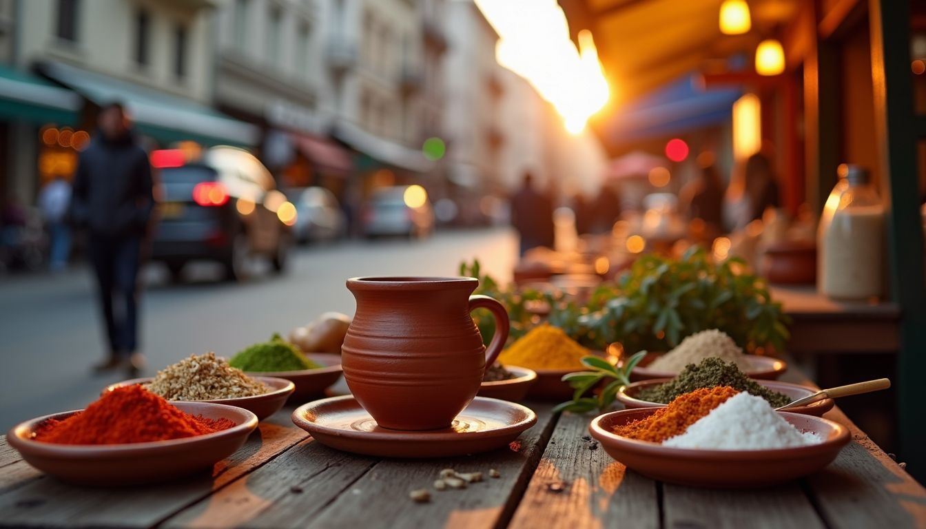 A traditional Turkish street food cart with Ayran and spices.