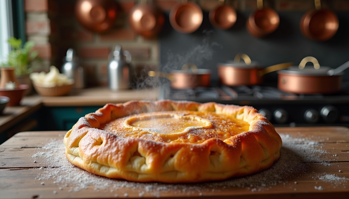 A close-up of a freshly baked börek on a wooden table.