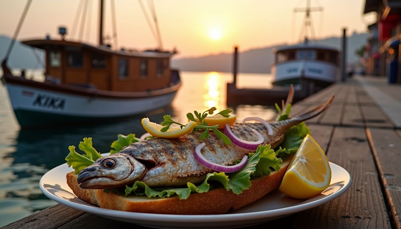 A rustic wooden fishing boat docked near Galata Bridge with a freshly grilled mackerel sandwich.