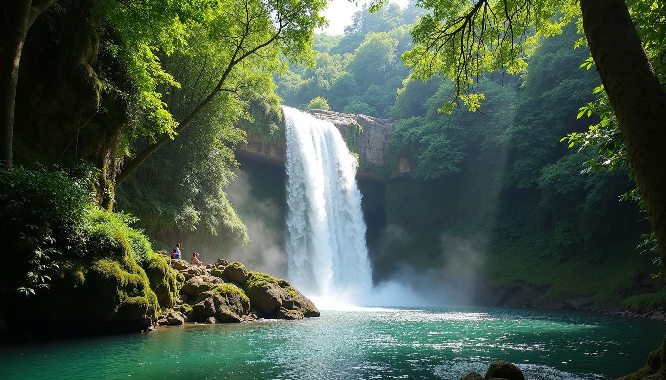 A serene view of Banyu Wana Amertha Waterfall in lush greenery.