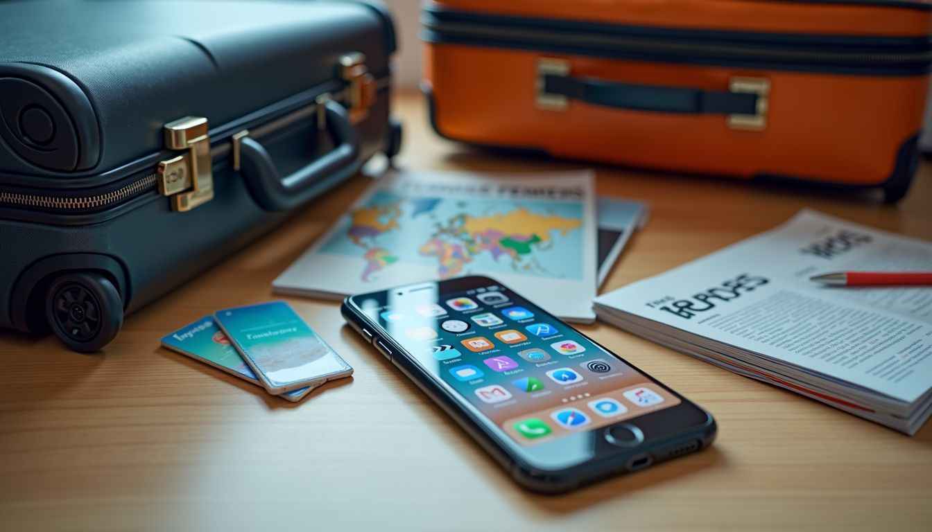 A smartphone with travel apps on a cluttered desk in a home office.