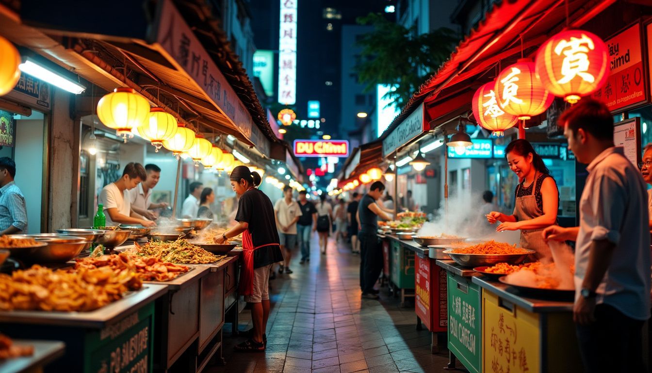 A lively street in Bangkok's Chinatown with food stalls and vibrant atmosphere.