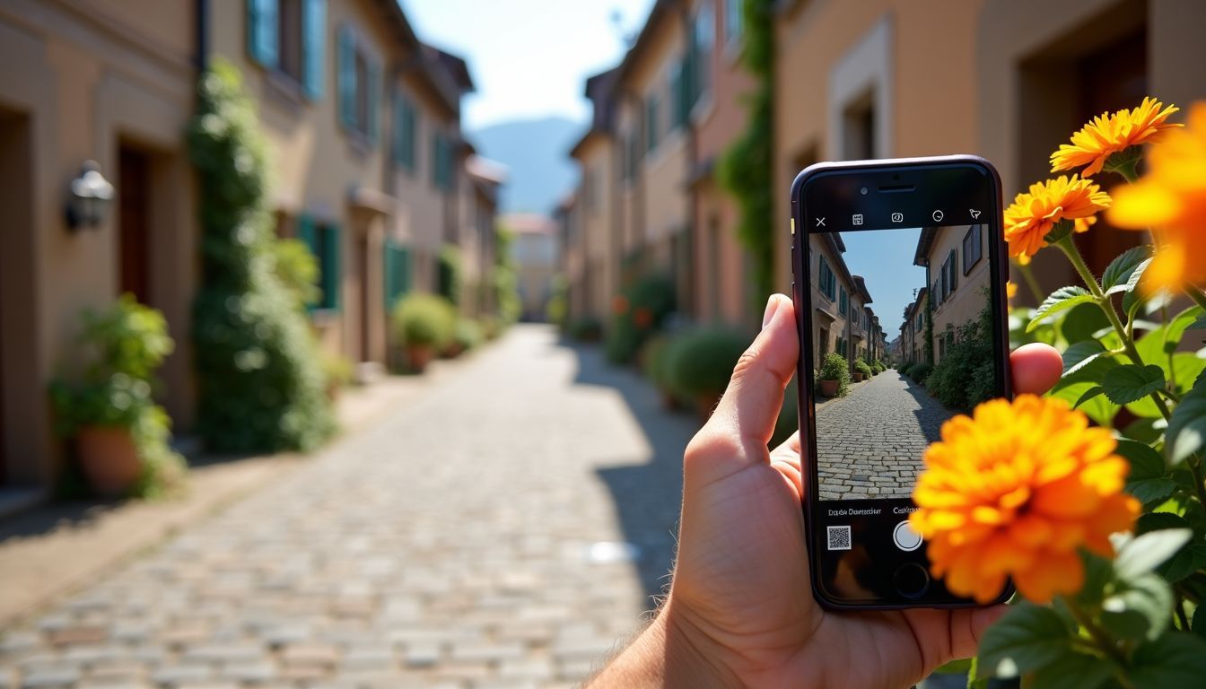 A picturesque European village street with a travel app on a smartphone.