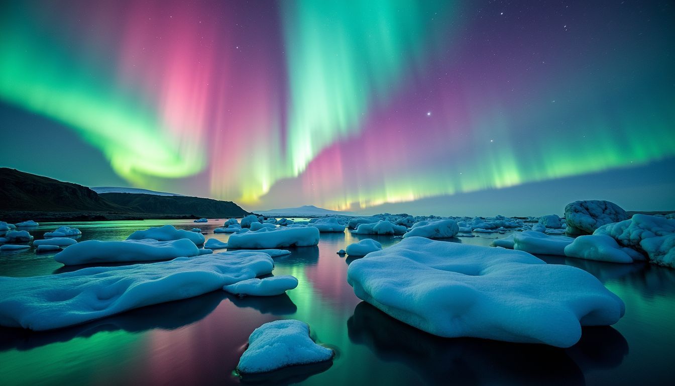 Vibrant Northern Lights illuminate the sky above Jökulsárlón Glacier Lagoon.