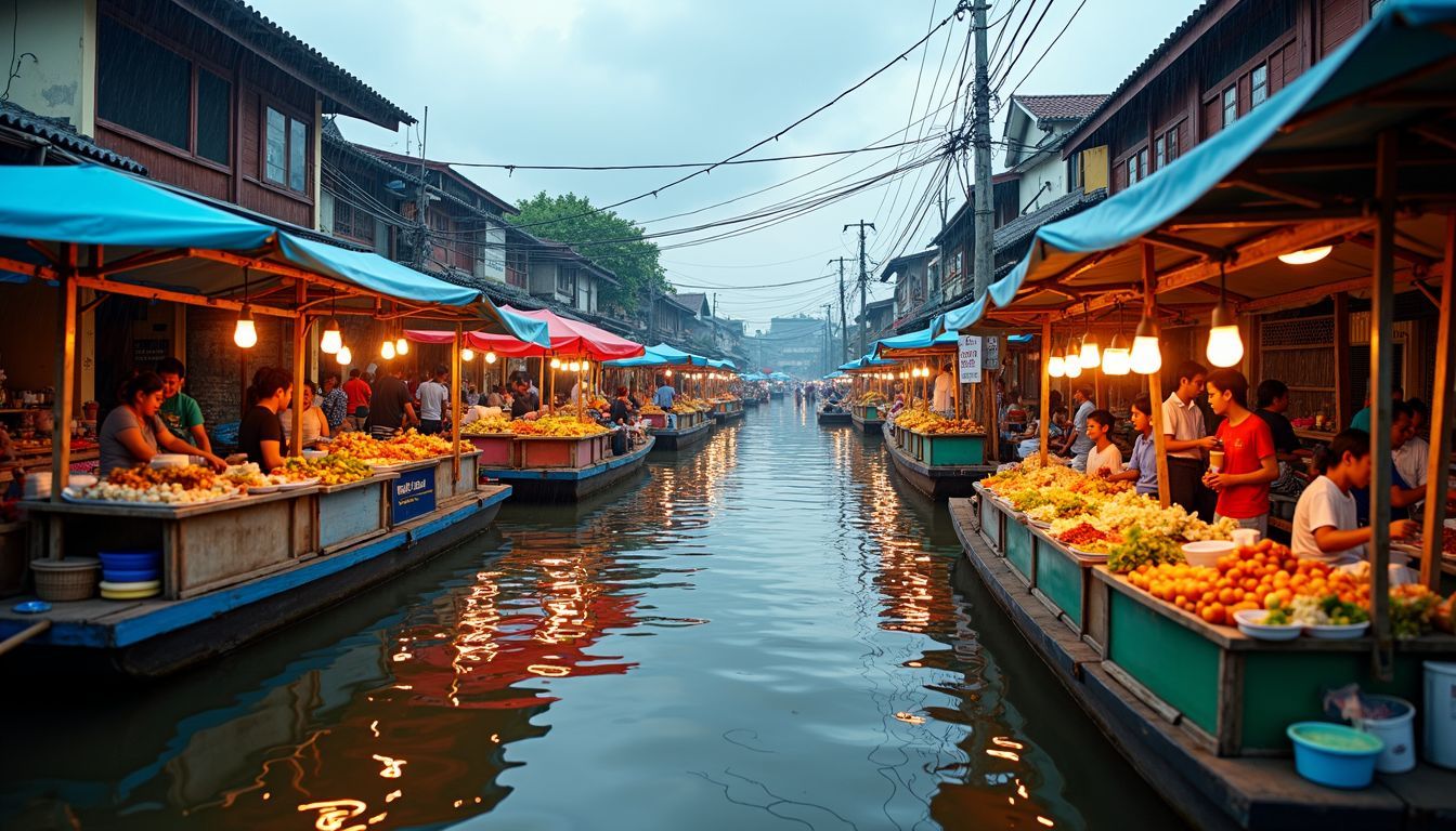 A vibrant floating market in Bangkok displays colorful street food stalls.