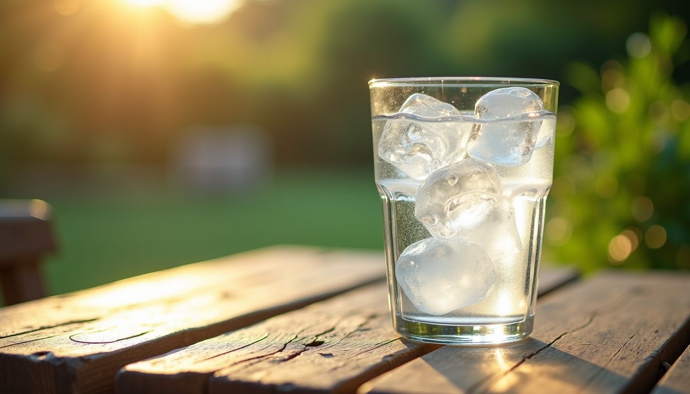 A glass of iced water on wooden table in sunlight.