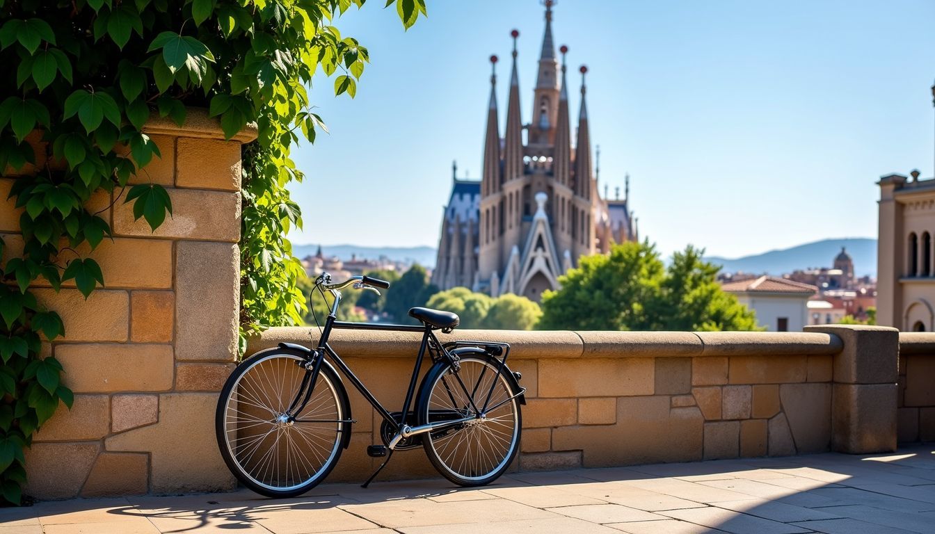 An old bicycle parked against a stone wall with Sagrada Familia in the background.