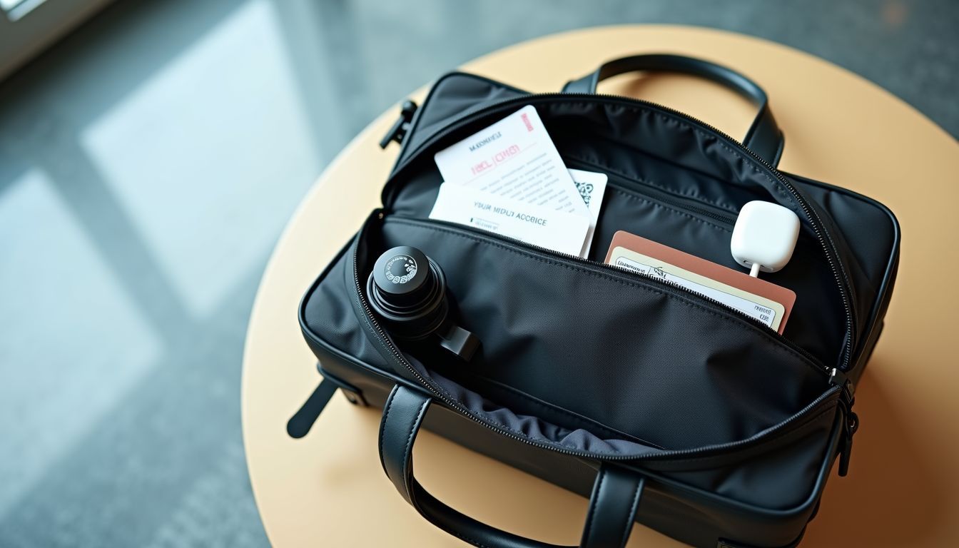 Neatly organized carry-on bag with essential travel items on a table.