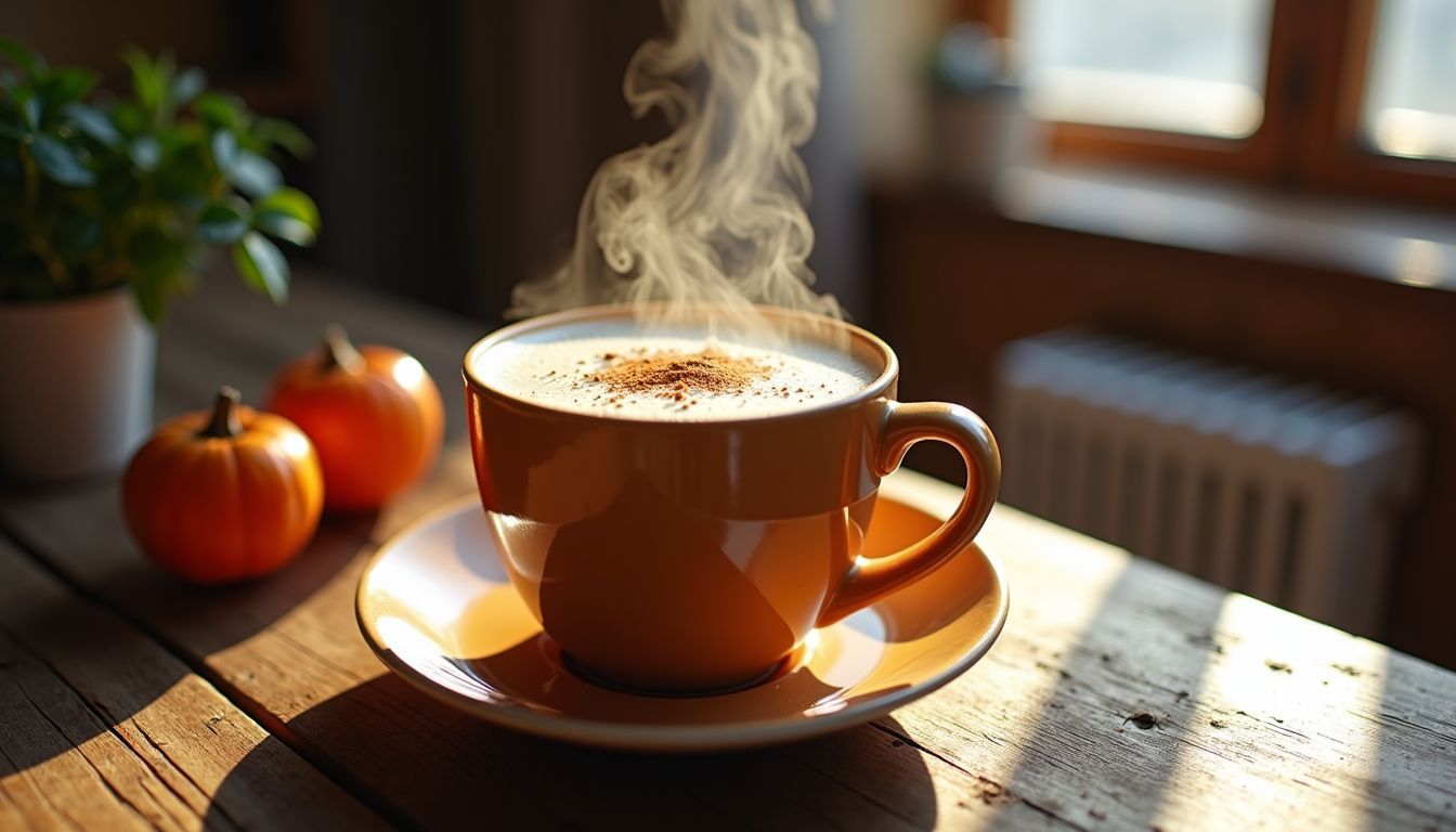 A steaming cup of boza on a wooden table, topped with cinnamon.