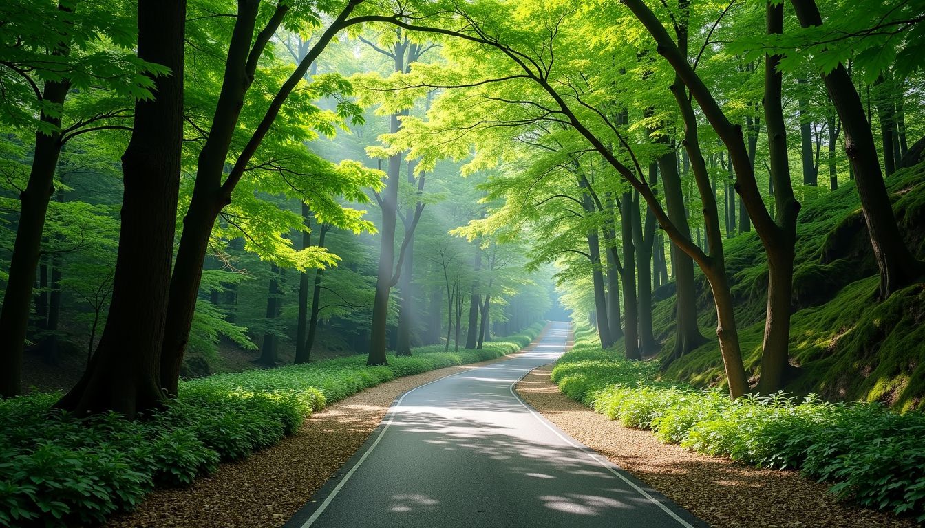 A serene woodland scene in Central Kyoto with lush green trees.