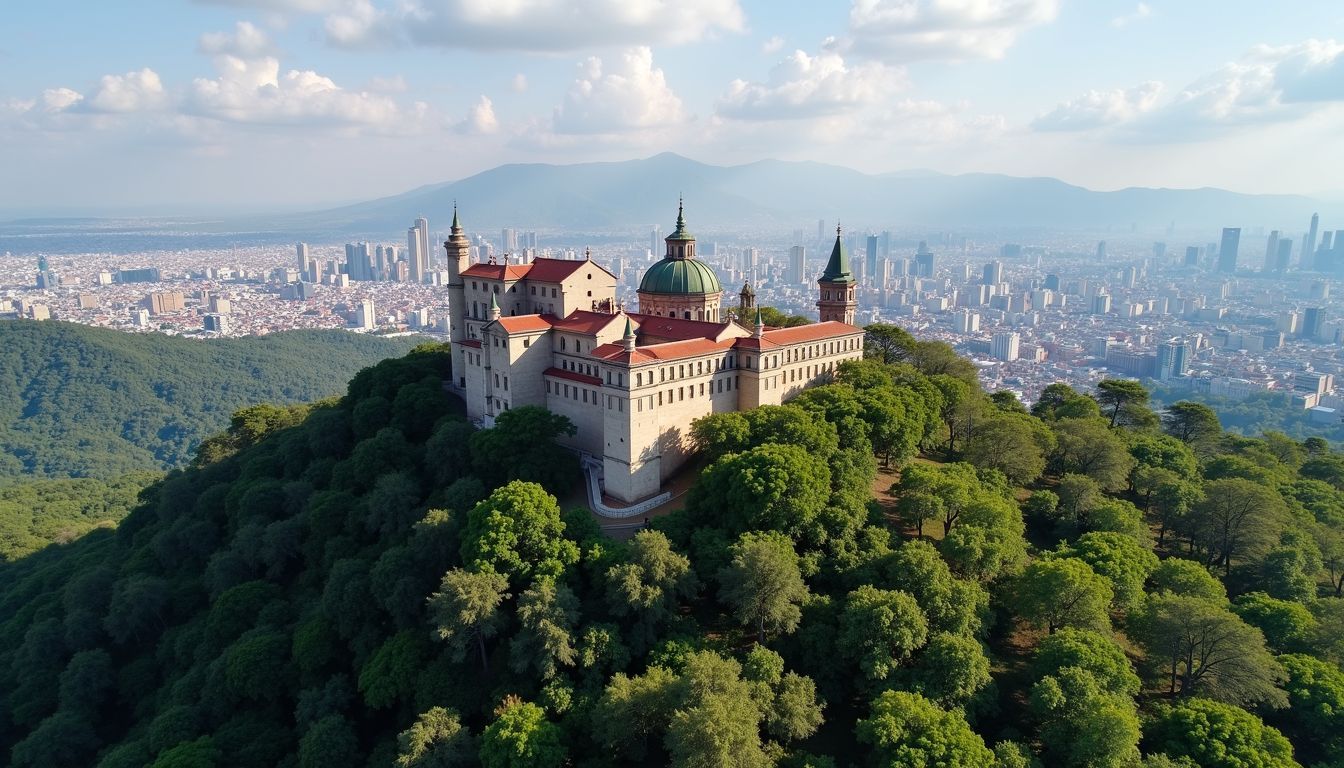 Chapultepec Castle stands out in Mexico City's skyline against lush greenery.