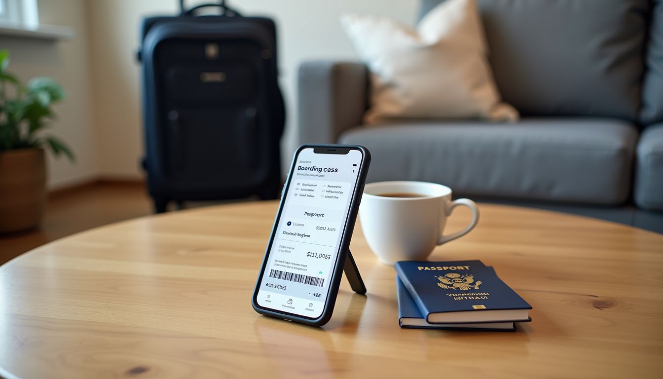 A smartphone displaying a digital boarding pass, passport, and coffee on a table.