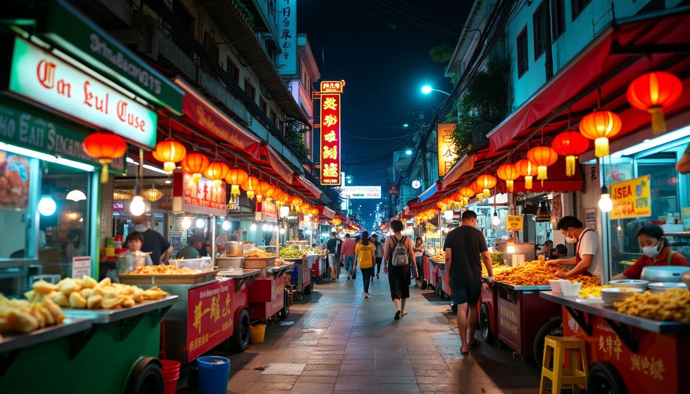 A lively night scene in Chinatown, Bangkok with vibrant food stalls.