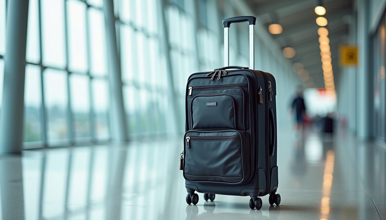 A well-organized carry-on suitcase with packing cubes in a minimalist airport setting.