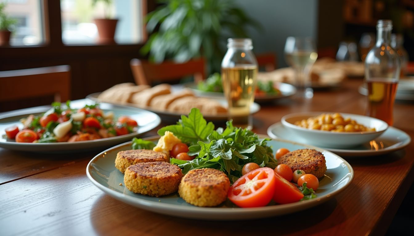 A table in a restaurant with a variety of colorful vegetarian dishes.