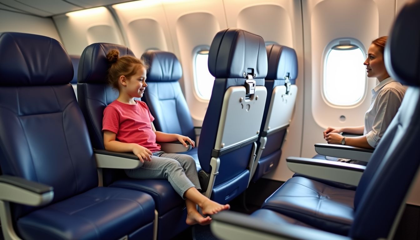 A family-friendly airplane cabin with bulkhead seats, child-friendly seating, and bassinets.