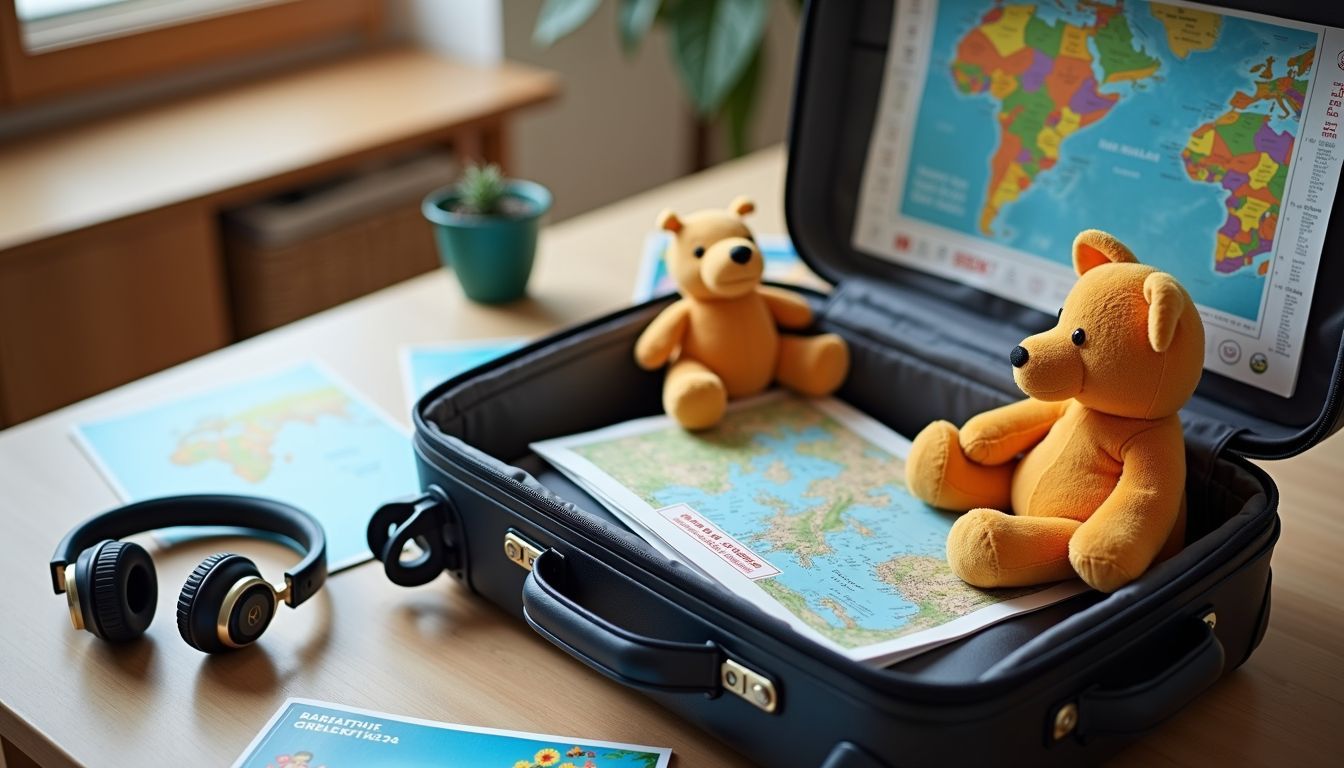 A suitcase with children's toys and travel essentials, surrounded by brochures.