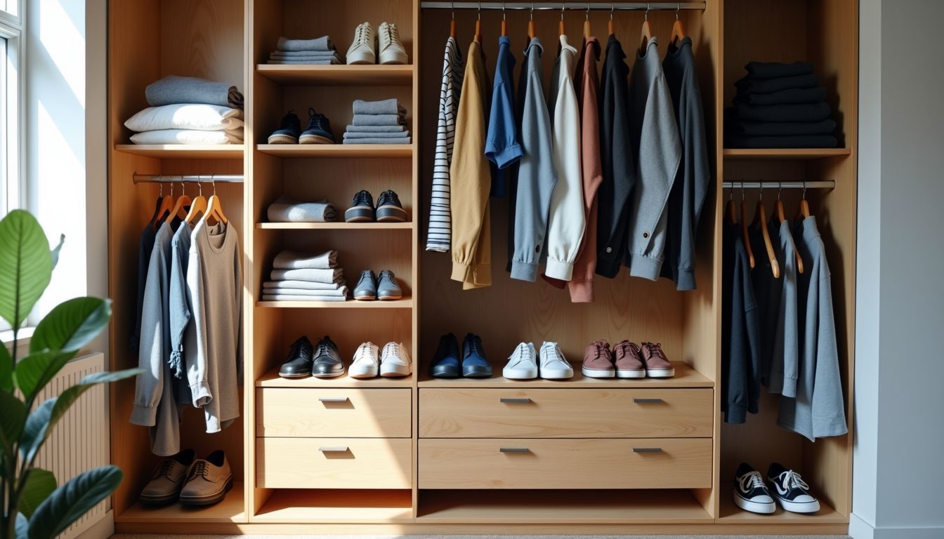 A tidy wardrobe with mix-and-match clothing and versatile shoes.