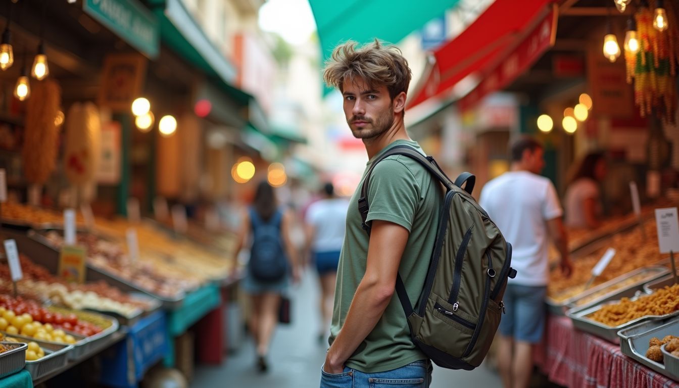 A traveler navigating a bustling food market, contemplating payment options.