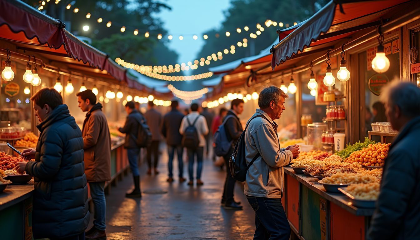 A bustling street food market with diverse vendors and customers.