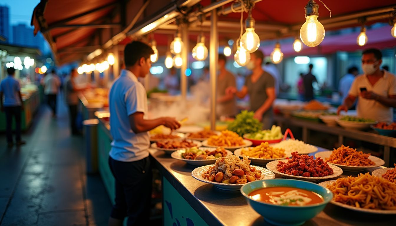 A bustling street food market in Bangkok with a variety of dishes.