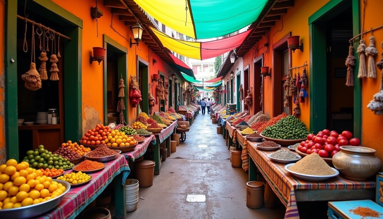 A lively traditional market with vibrant stalls selling fruits, spices, and crafts.