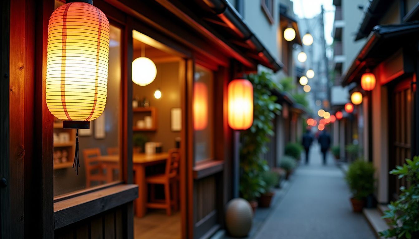 A quaint izakaya in a dimly lit Tokyo back alley.