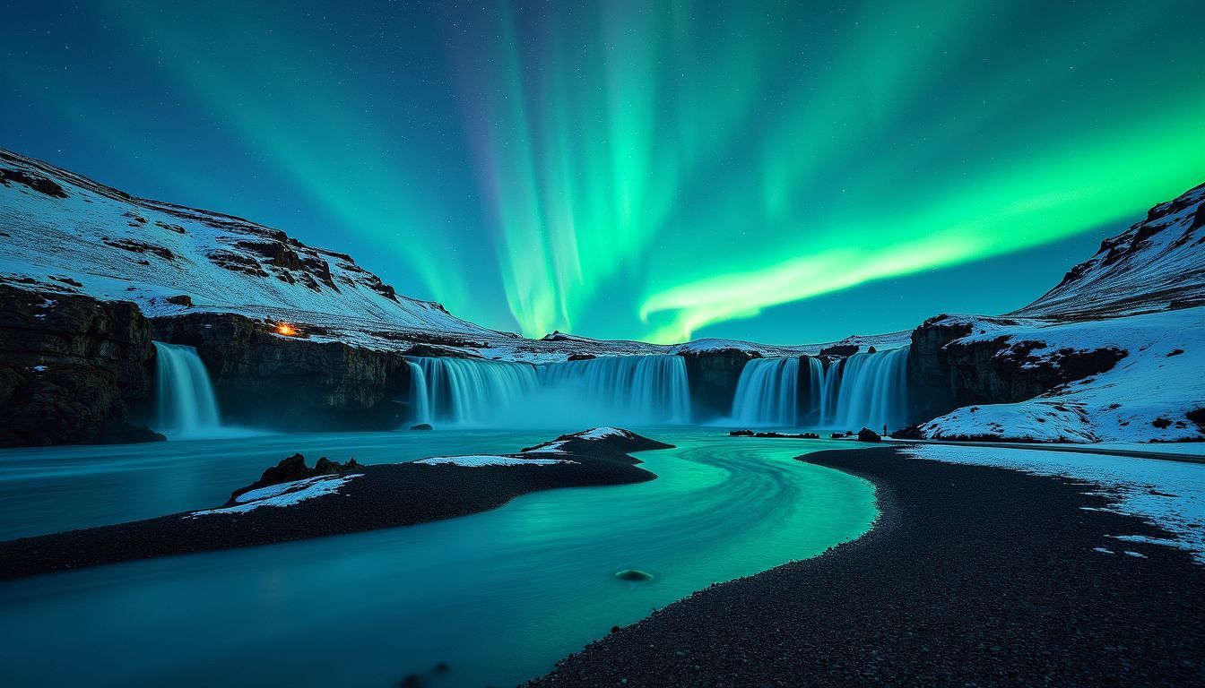 An awe-inspiring photo of Iceland's majestic natural landscapes, including waterfalls, glaciers and hot springs, under the vibrant northern lights.