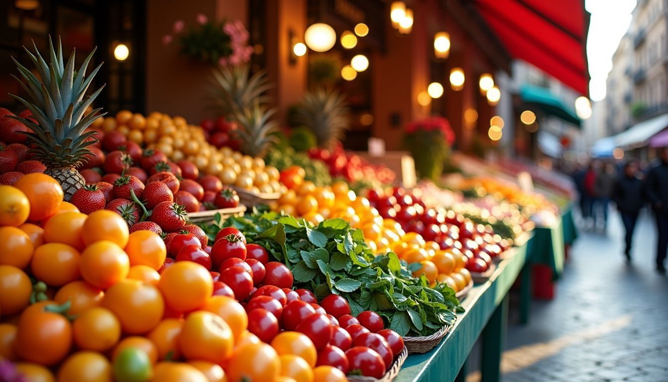 A bustling market in Barcelona with fresh produce and authentic Spanish delicacies.