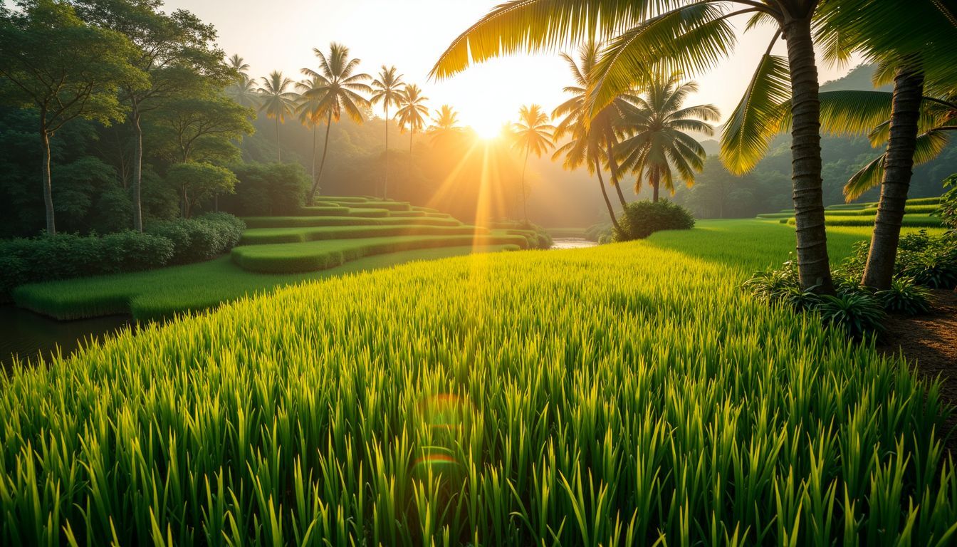 A tranquil rice terrace in Bali, bathed in warm golden sunlight.