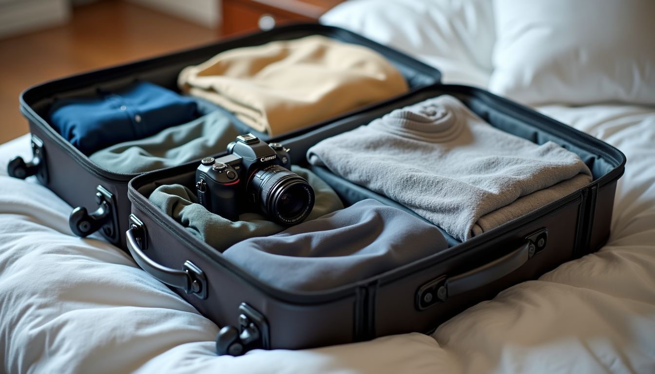 Neatly packed suitcase on bed ready for stress-free travel.