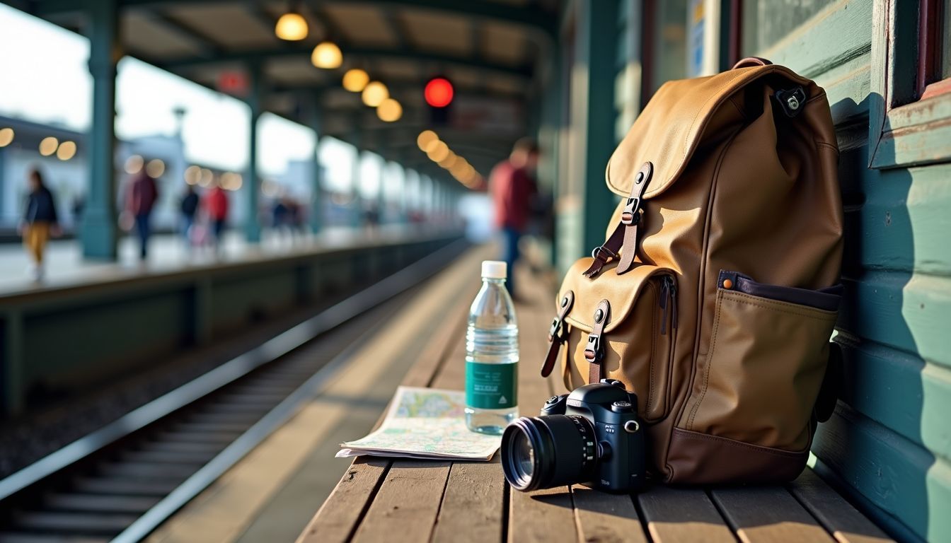 A worn backpack sits on a wooden bench at a train station.