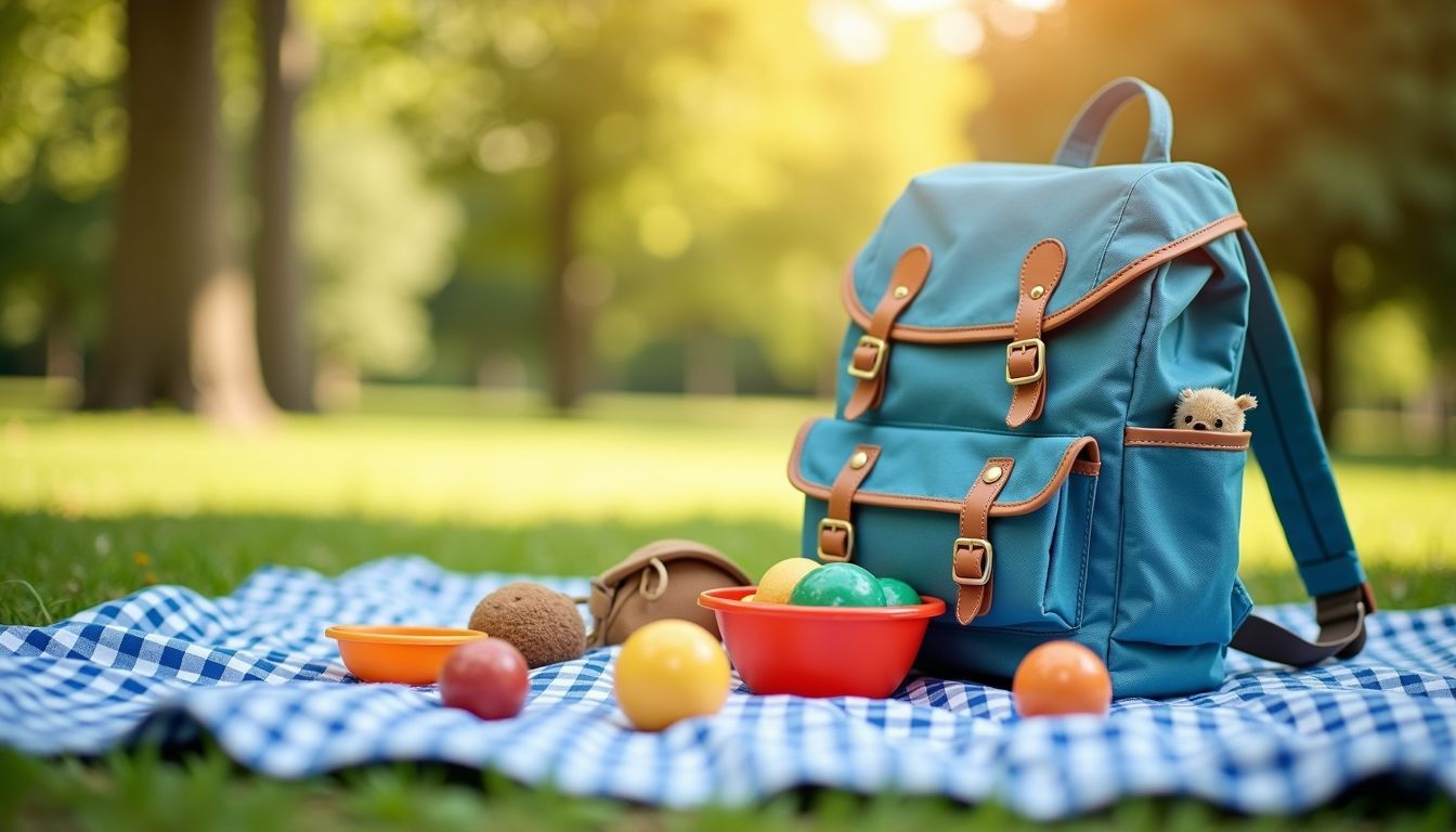 A child-friendly travel backpack sits on a picnic blanket in a park with snacks and toys around.