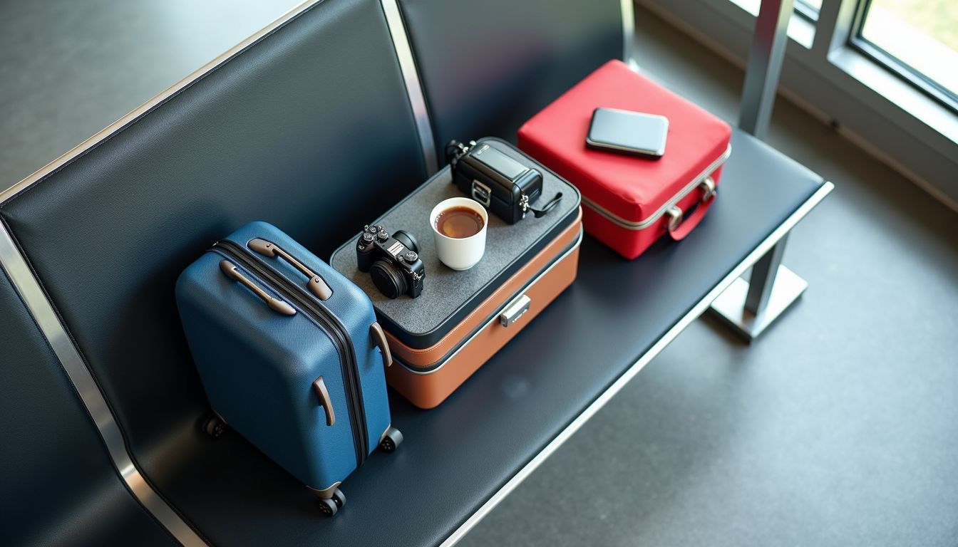 Neatly organized carry-on luggage and travel essentials on an airport bench.