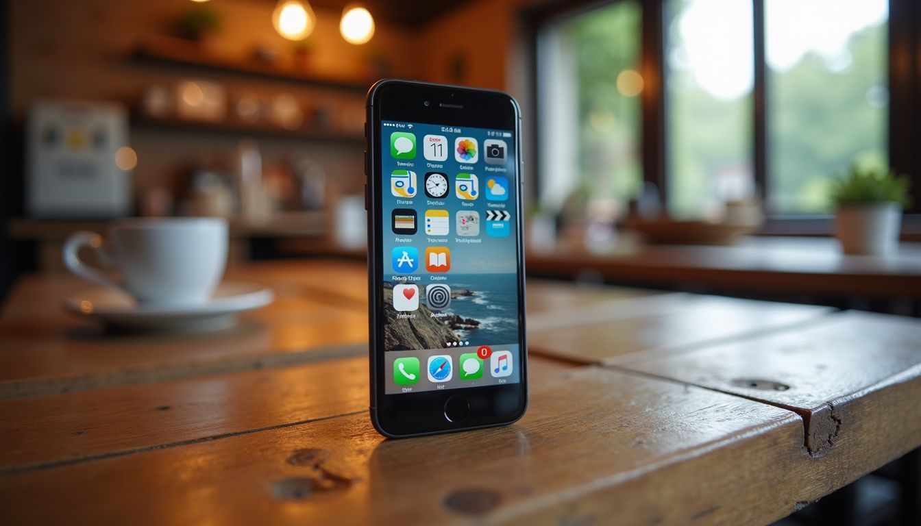 A smartphone with travel apps on a wooden cafe table.